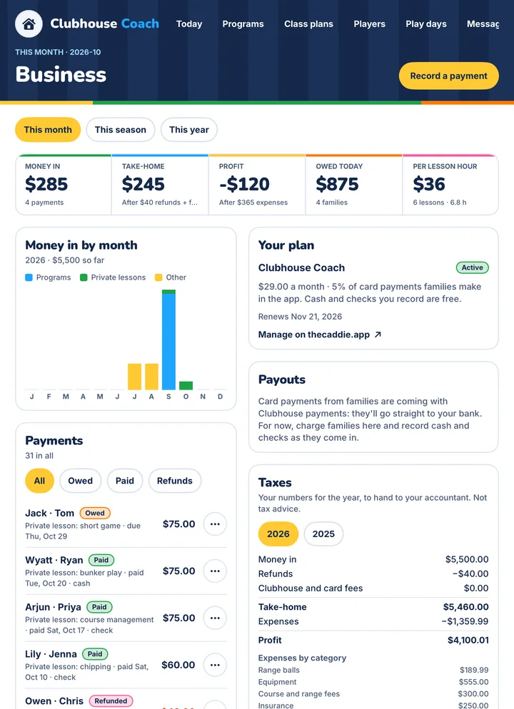 Business: money in, take-home, what's owed, payments and taxes.