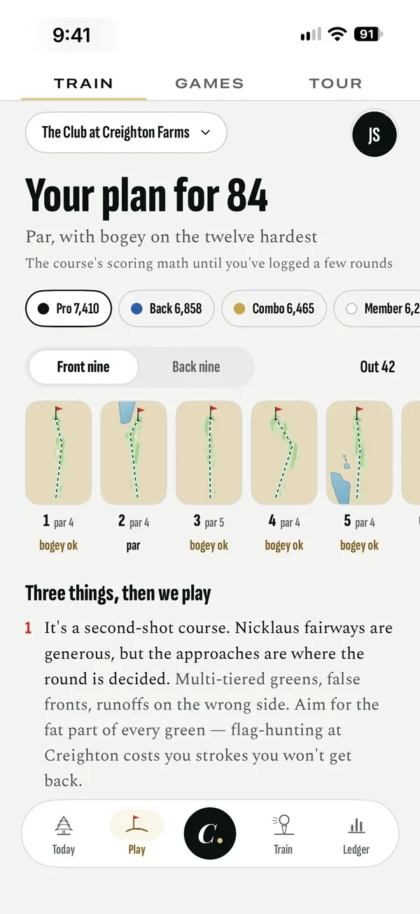 Your plan for 84 at Creighton Farms: par, with bogey on the twelve hardest, and every hole's target.