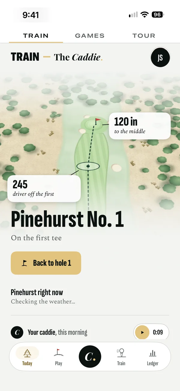 Today in The Caddie: Pinehurst No. 1, on the first tee, 245 with driver and 120 to the middle.