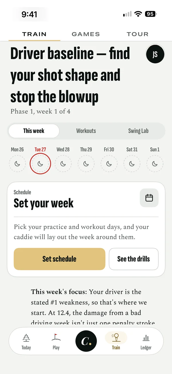 This week in Train: phase 1, week 1 of 4, with your practice week to set.